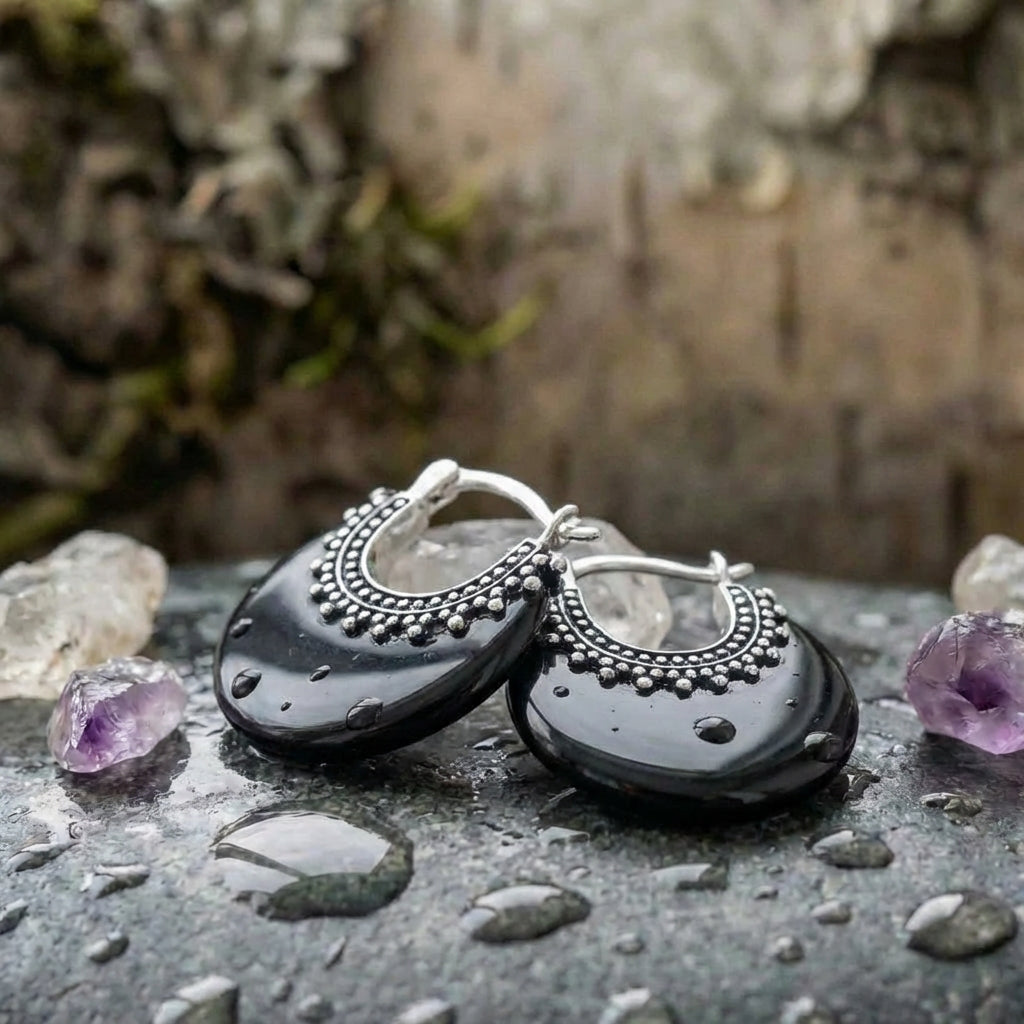 Vintage Black Onyx Hoop Earrings