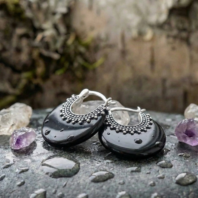 Vintage Black Onyx Hoop Earrings