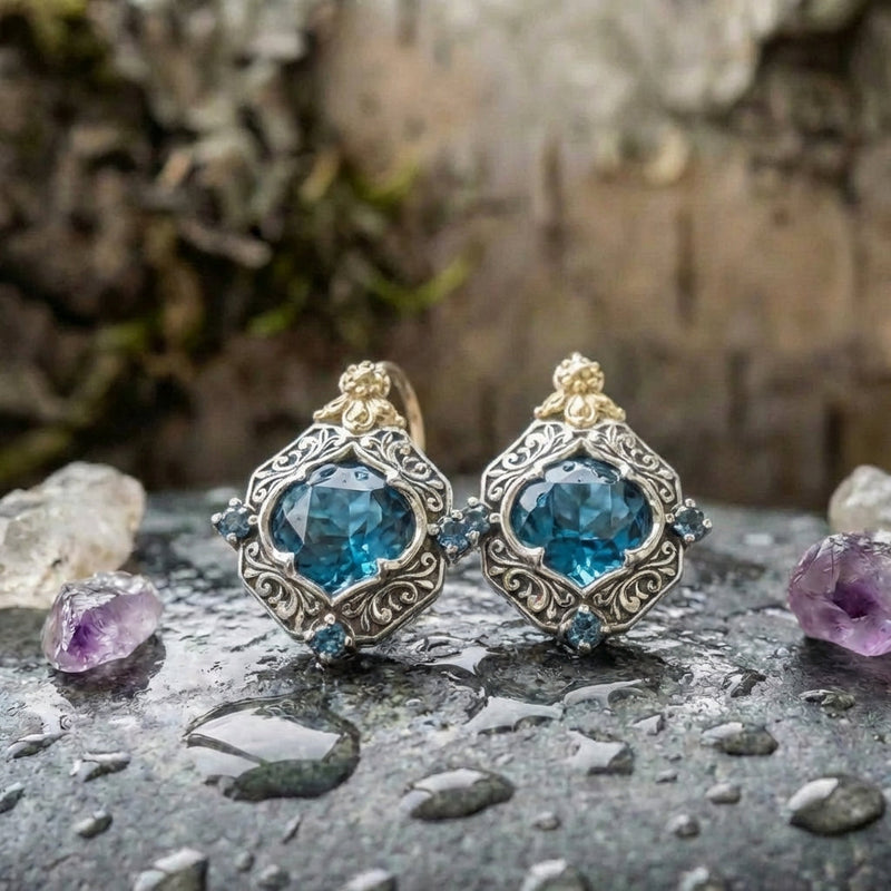 Vintage Blue Crystal Gold Earrings