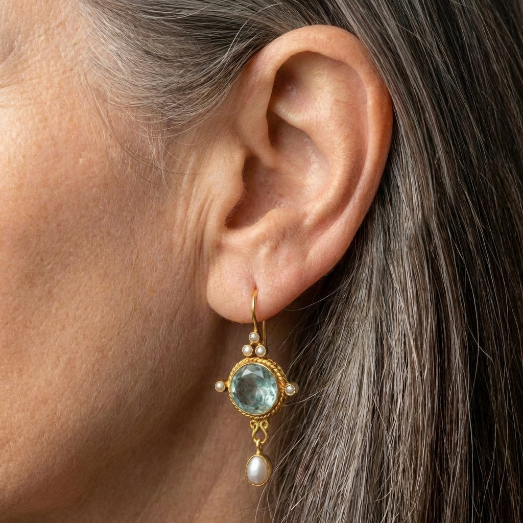 Blue Glass & Pearl Drop Earrings