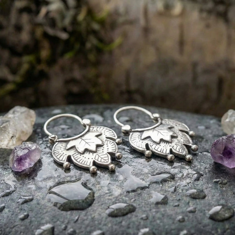 Vintage Carving Leaf Silver Earrings
