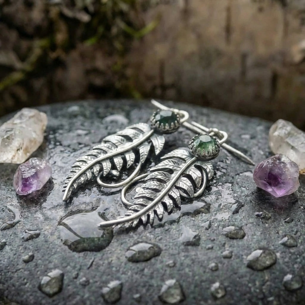 Vintage Feather Green Stone Earrings