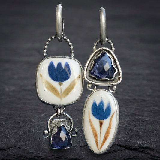 Vintage Flower Carving Blue Stone Dangle Silver Earrings
