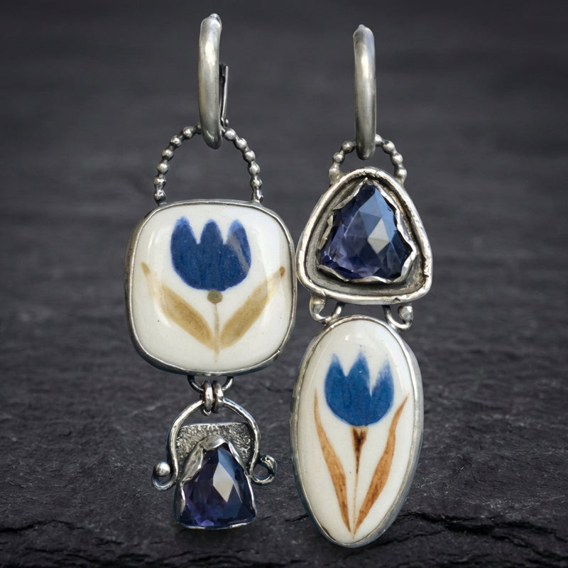 Vintage Flower Carving Blue Stone Dangle Silver Earrings