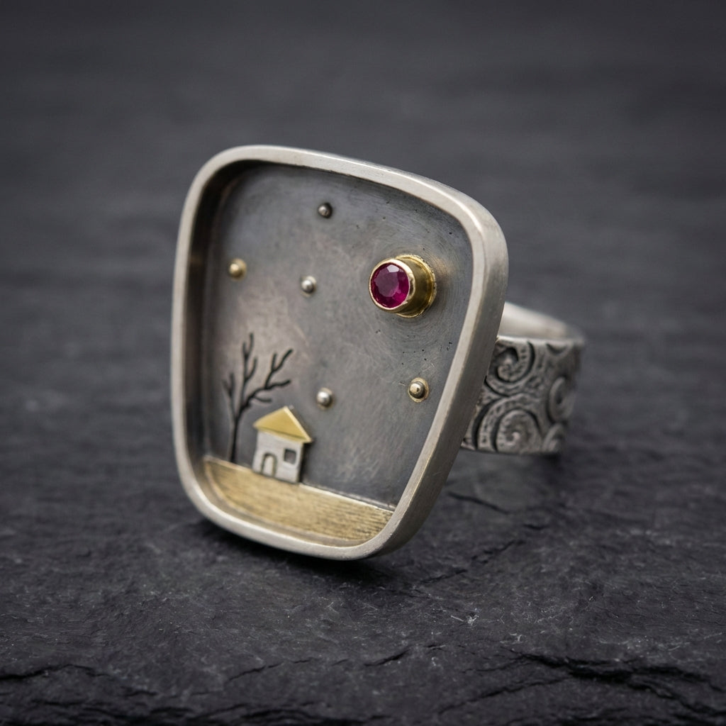 Vintage House Tree Sky Inlay Stone Ring