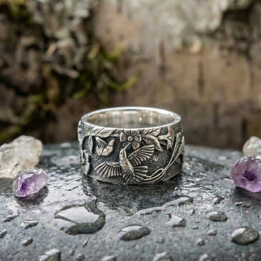 Vintage Hummingbird Flower Ring