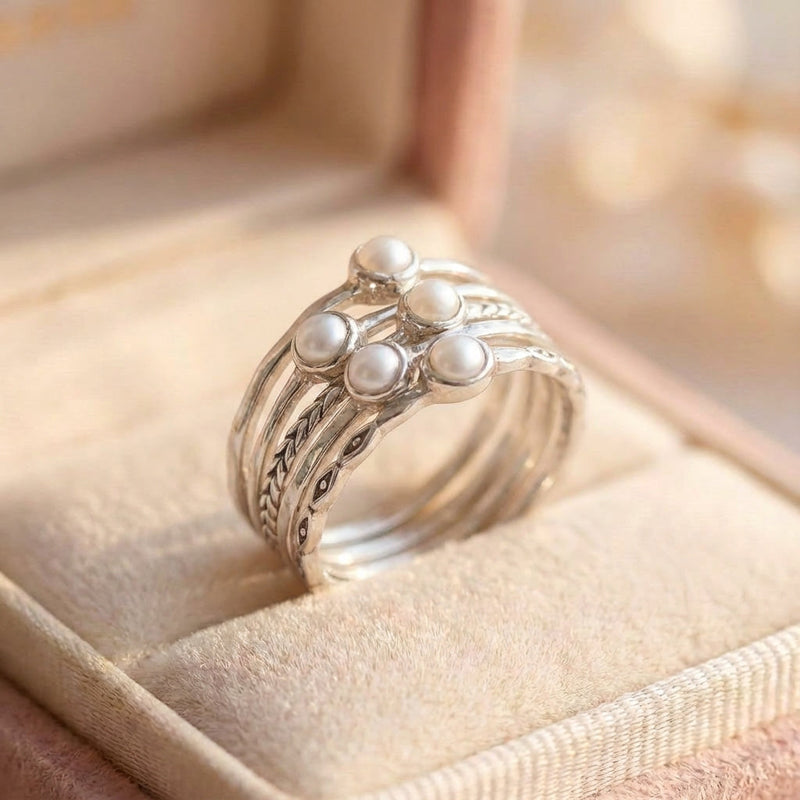 Vintage Inlaid Pearls Layered Silver Ring