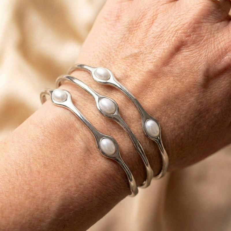 Layered Silver Pearl Bangle Bracelet