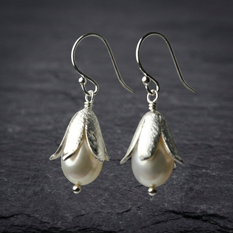 Vintage Lotus Pearl Silver Earrings