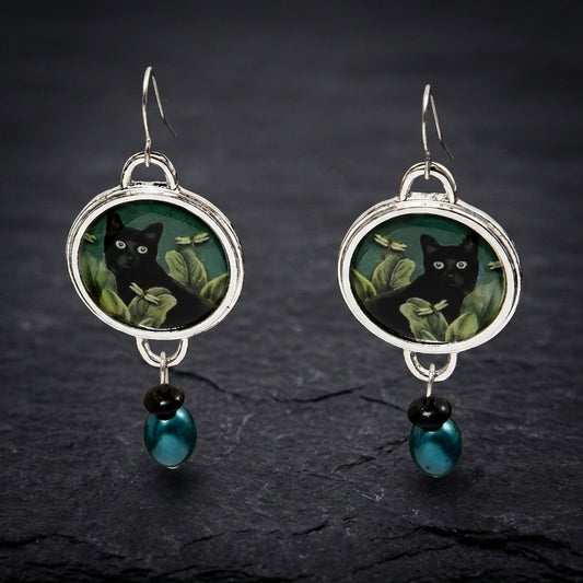 Vintage Round Black Cat Earrings