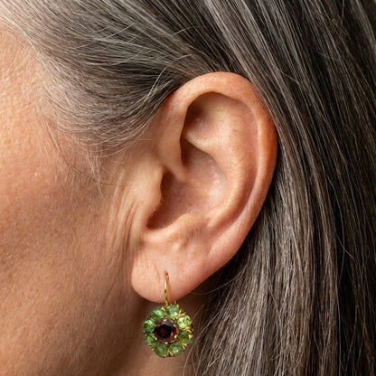 A Vintage Rounded Green & Red Crystal Earring Set