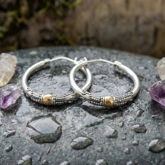 Vintage Silver Carved Pattern Hoop Earrings