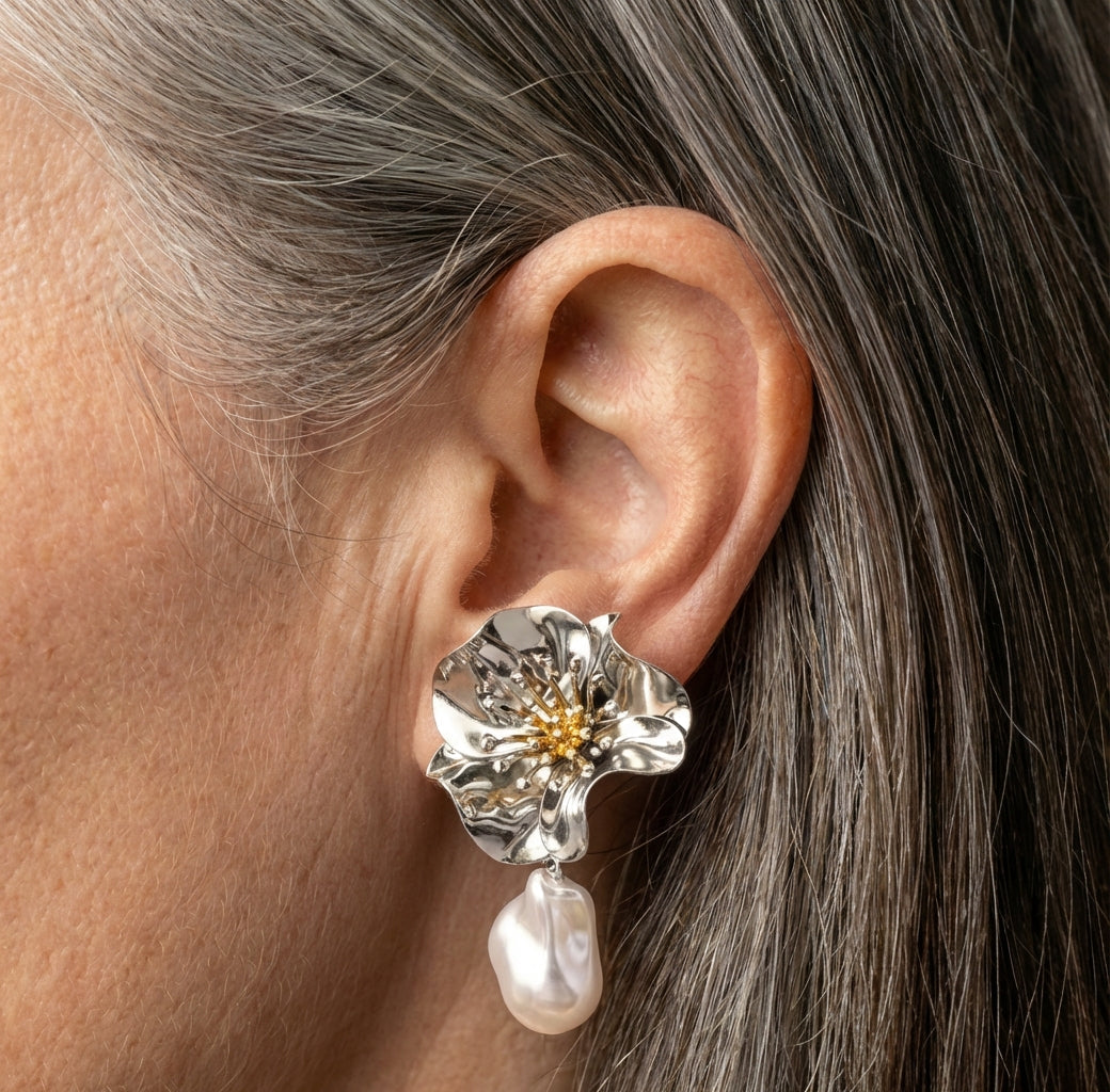 Vintage Silver Flower Pearl Earrings
