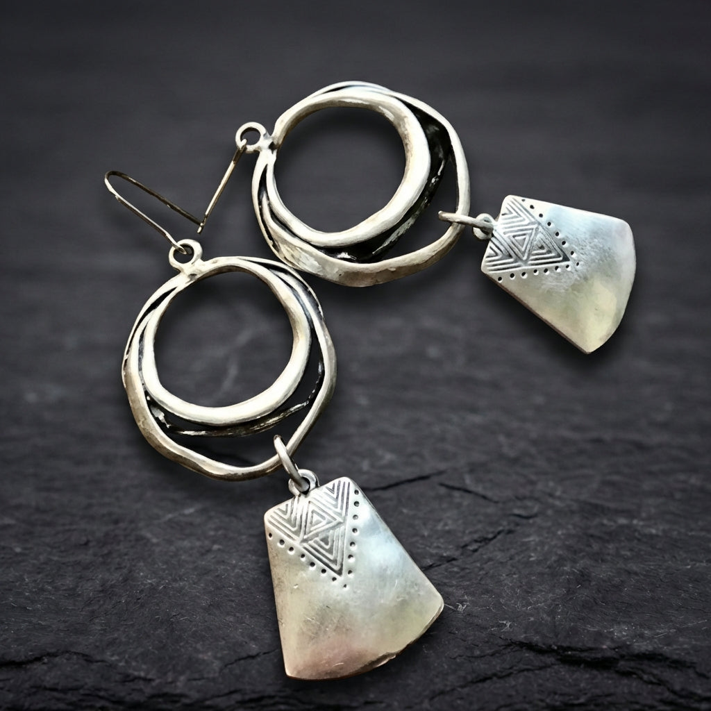 Vintage Silver Hanging Square Carving Dangle Earrings