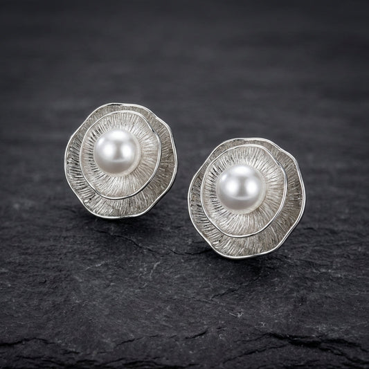 Vintage Silver Petal Pearl Stud Earrings