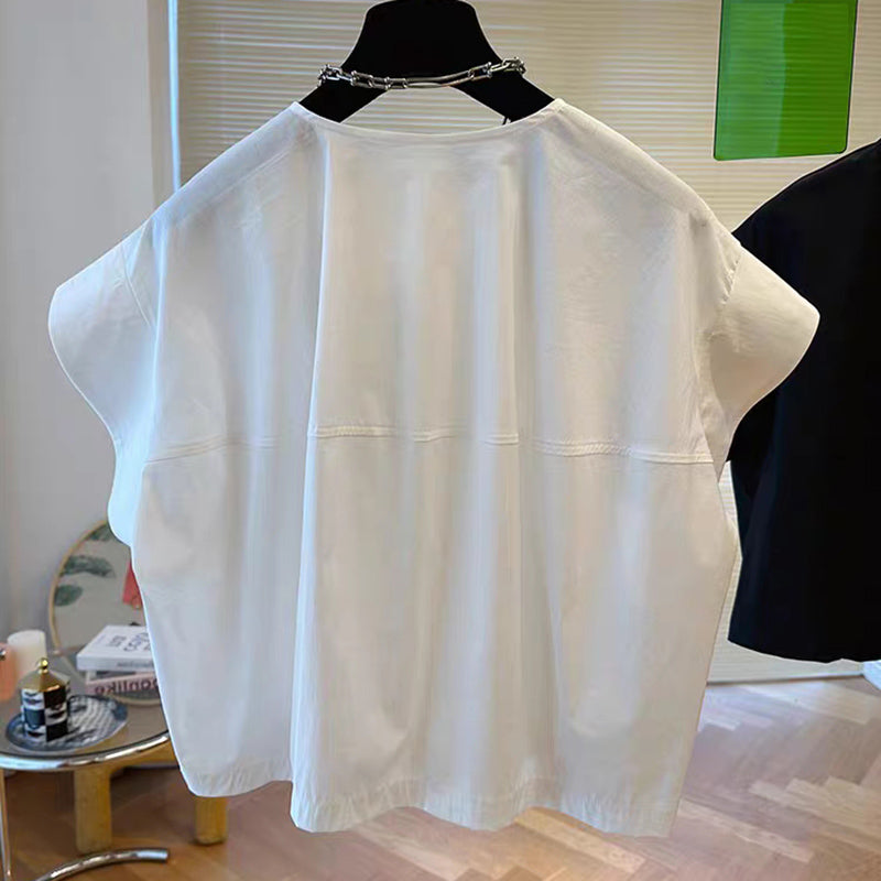 Vogue White O-neck Rose Button Shirts Batwing Sleeve