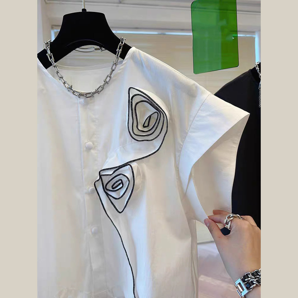 Vogue White O-neck Rose Button Shirts Batwing Sleeve