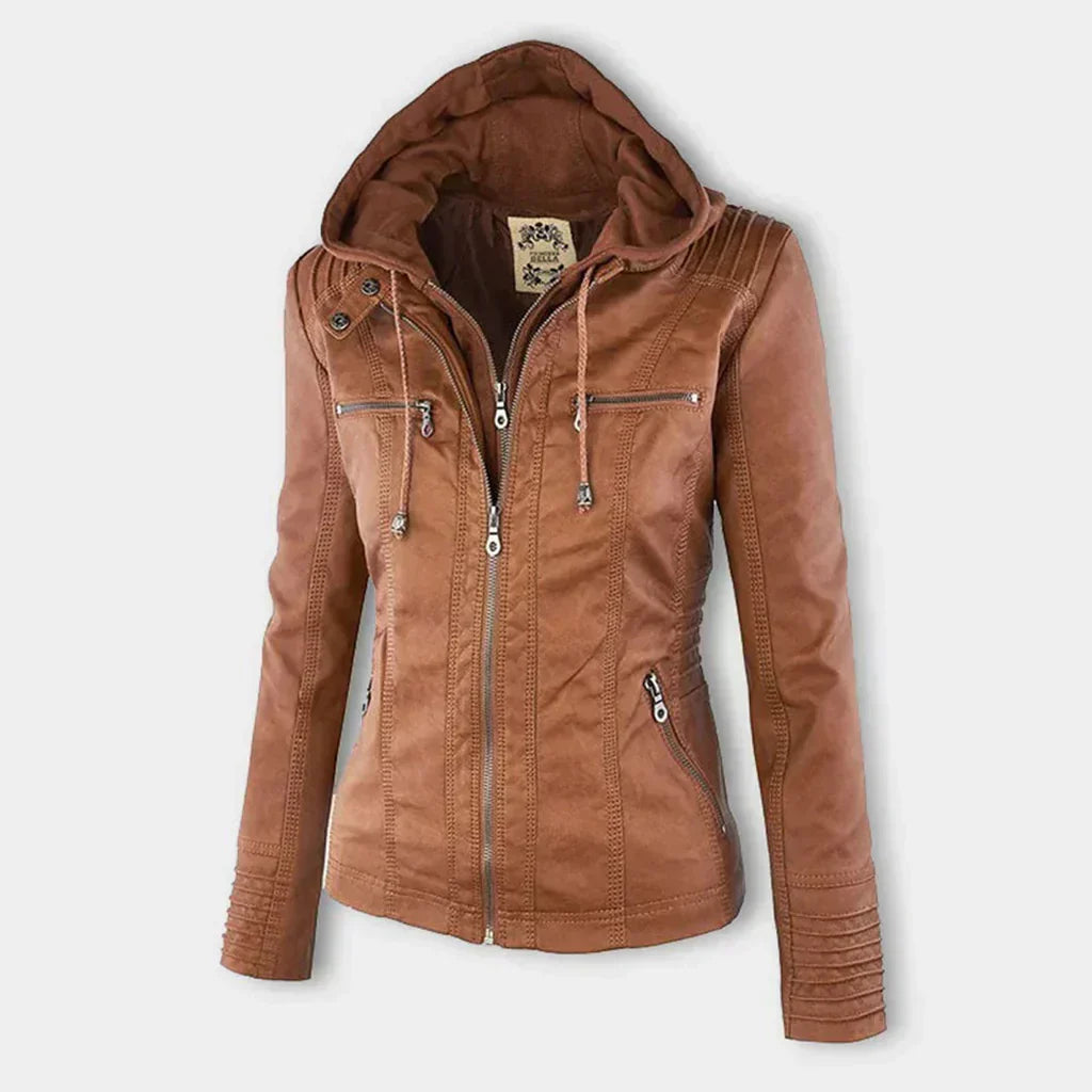 Women's leather jacket with hood