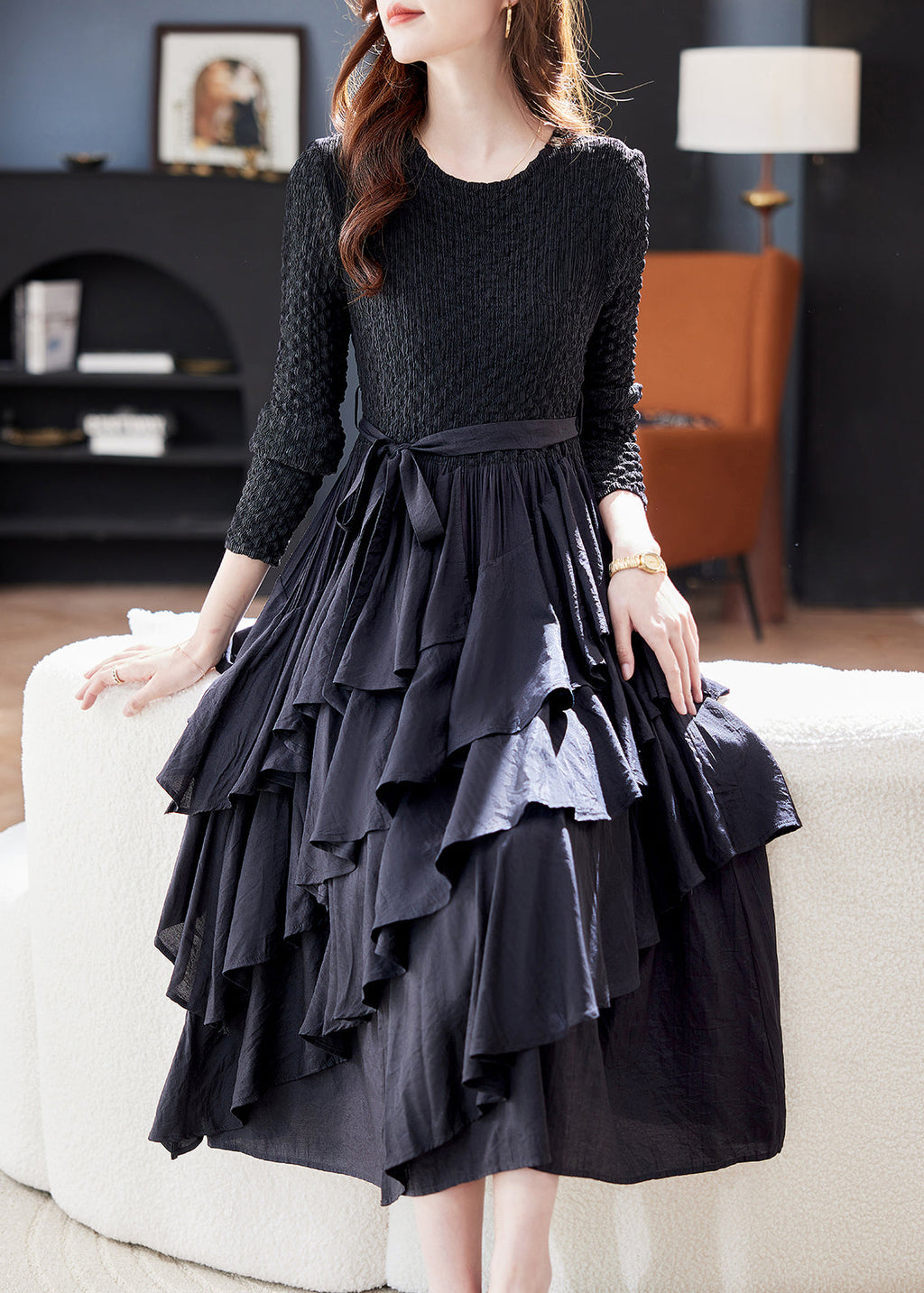 Black O Neck Ruffled Patchwork Cotton Dresses Spring