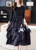 Black O Neck Ruffled Patchwork Cotton Dresses Spring