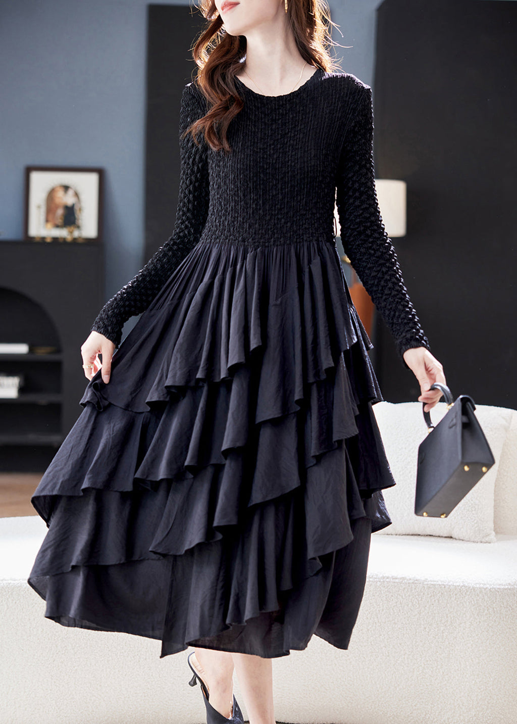 Black O Neck Ruffled Patchwork Cotton Dresses Spring