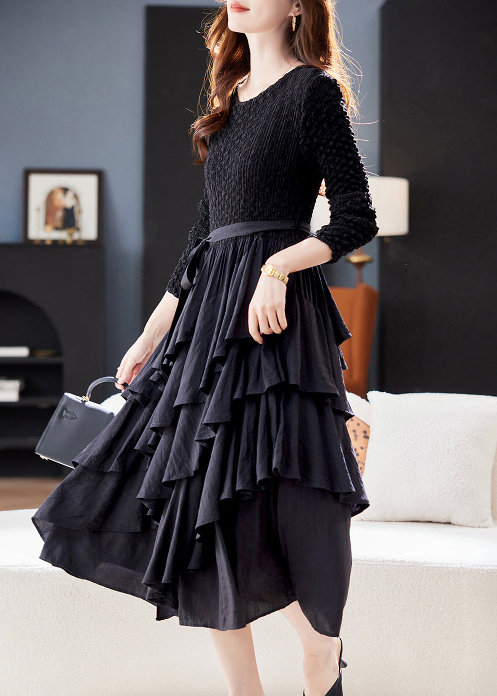 Black O Neck Ruffled Patchwork Cotton Dresses Spring