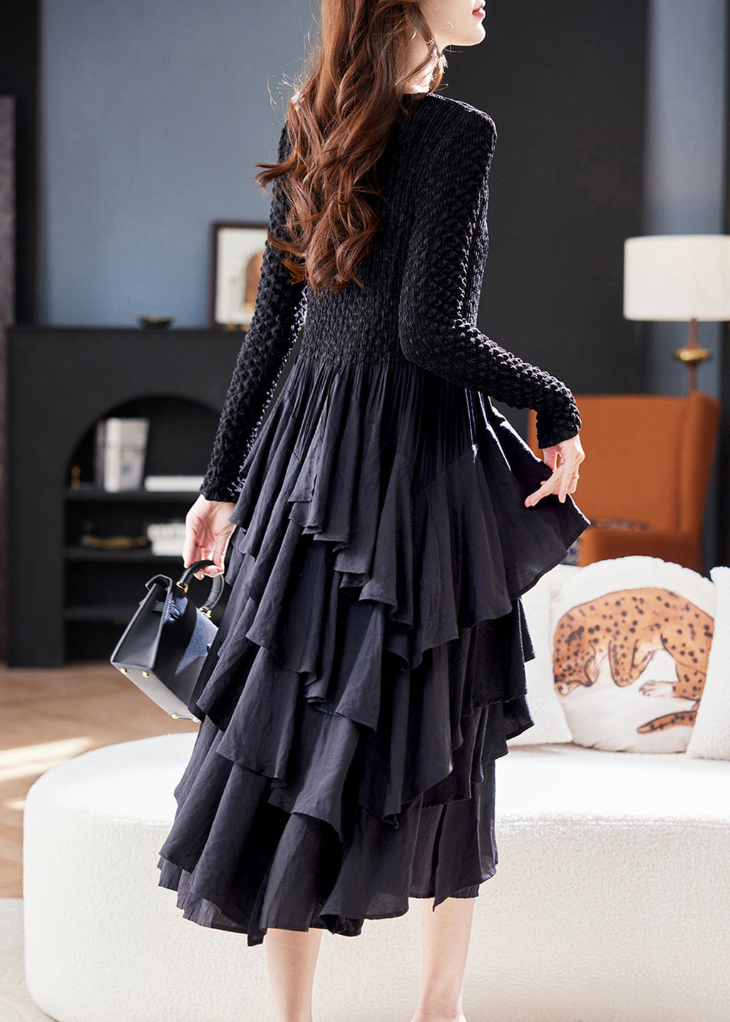 Black O Neck Ruffled Patchwork Cotton Dresses Spring