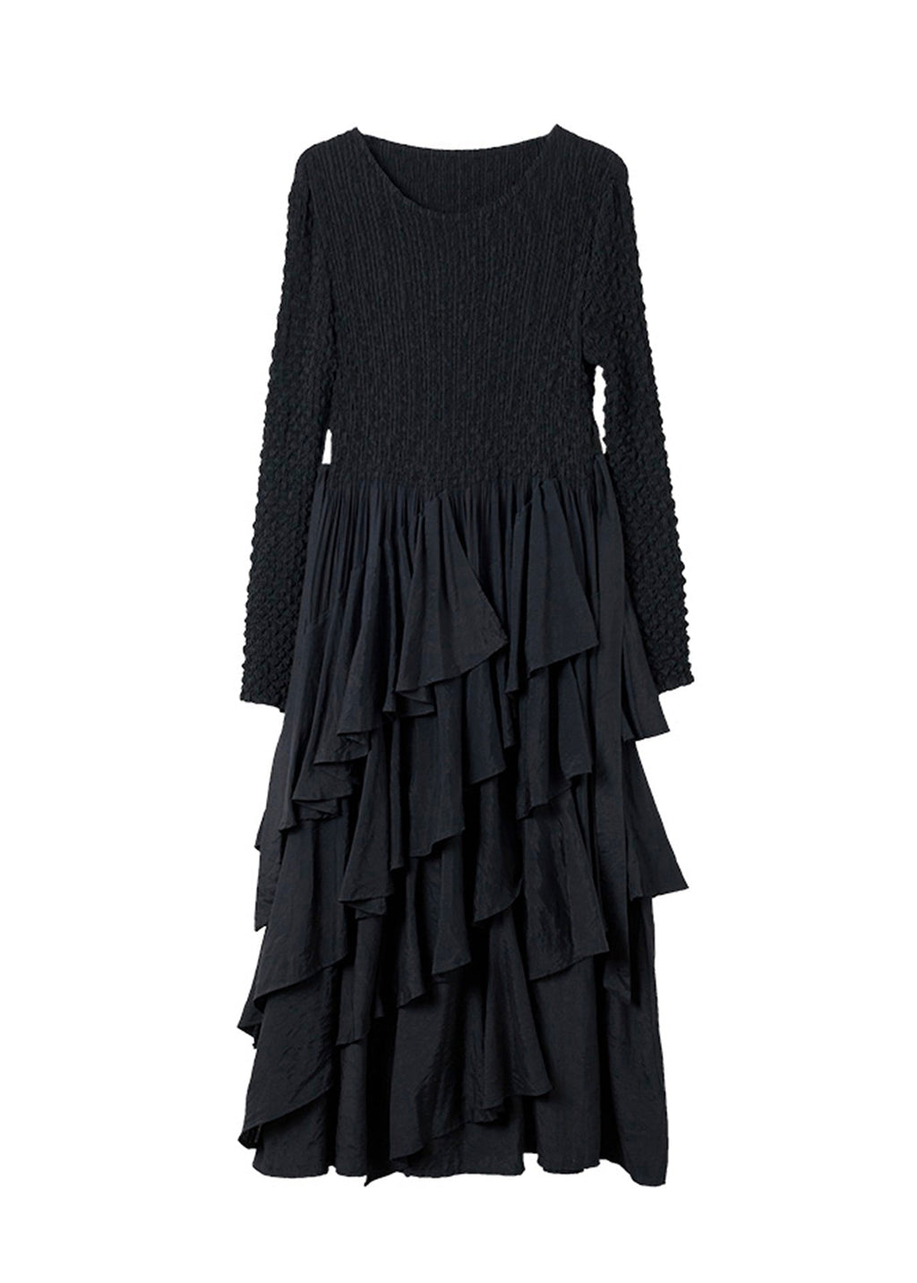Black O Neck Ruffled Patchwork Cotton Dresses Spring