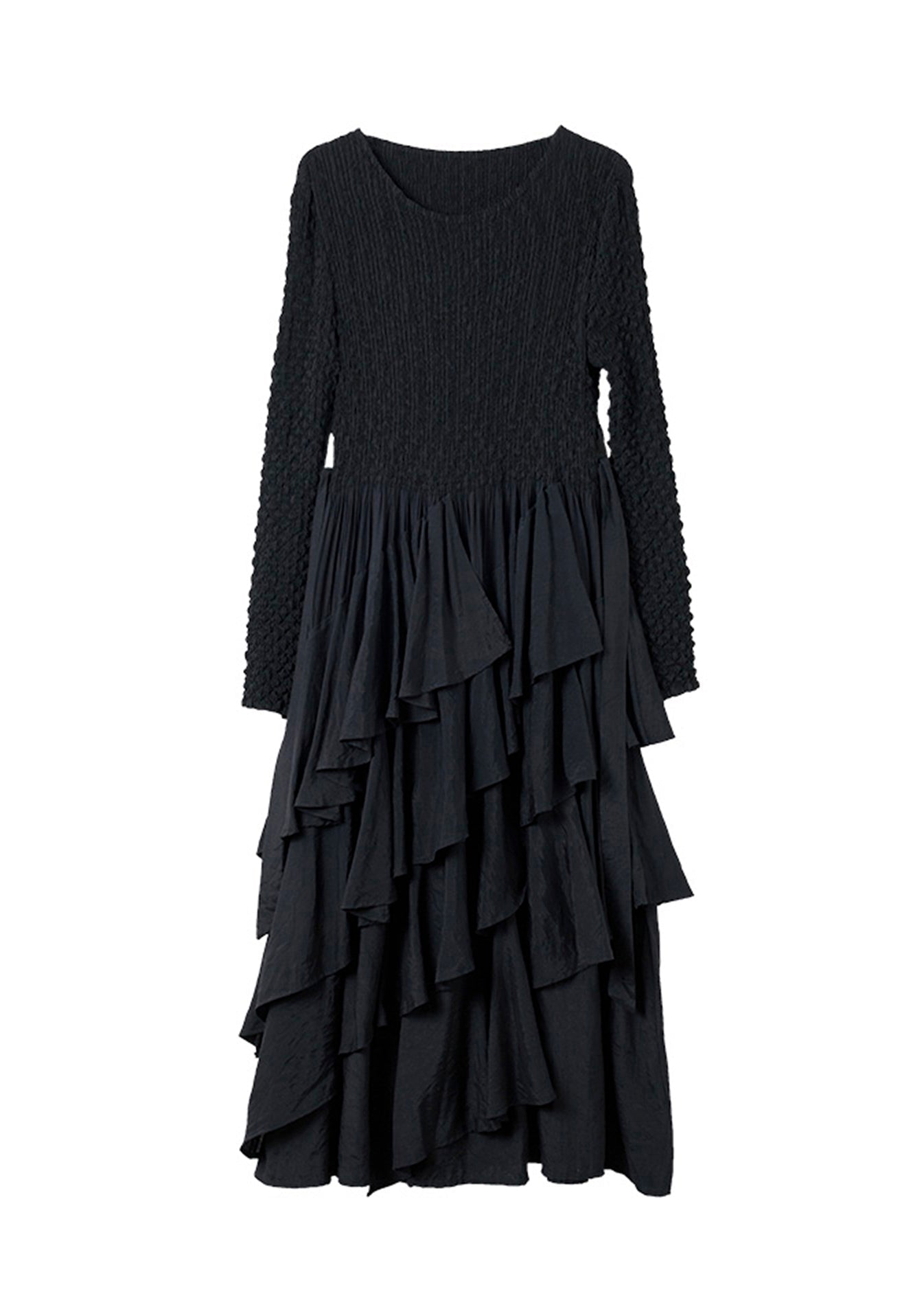 Black O Neck Ruffled Patchwork Cotton Dresses Spring