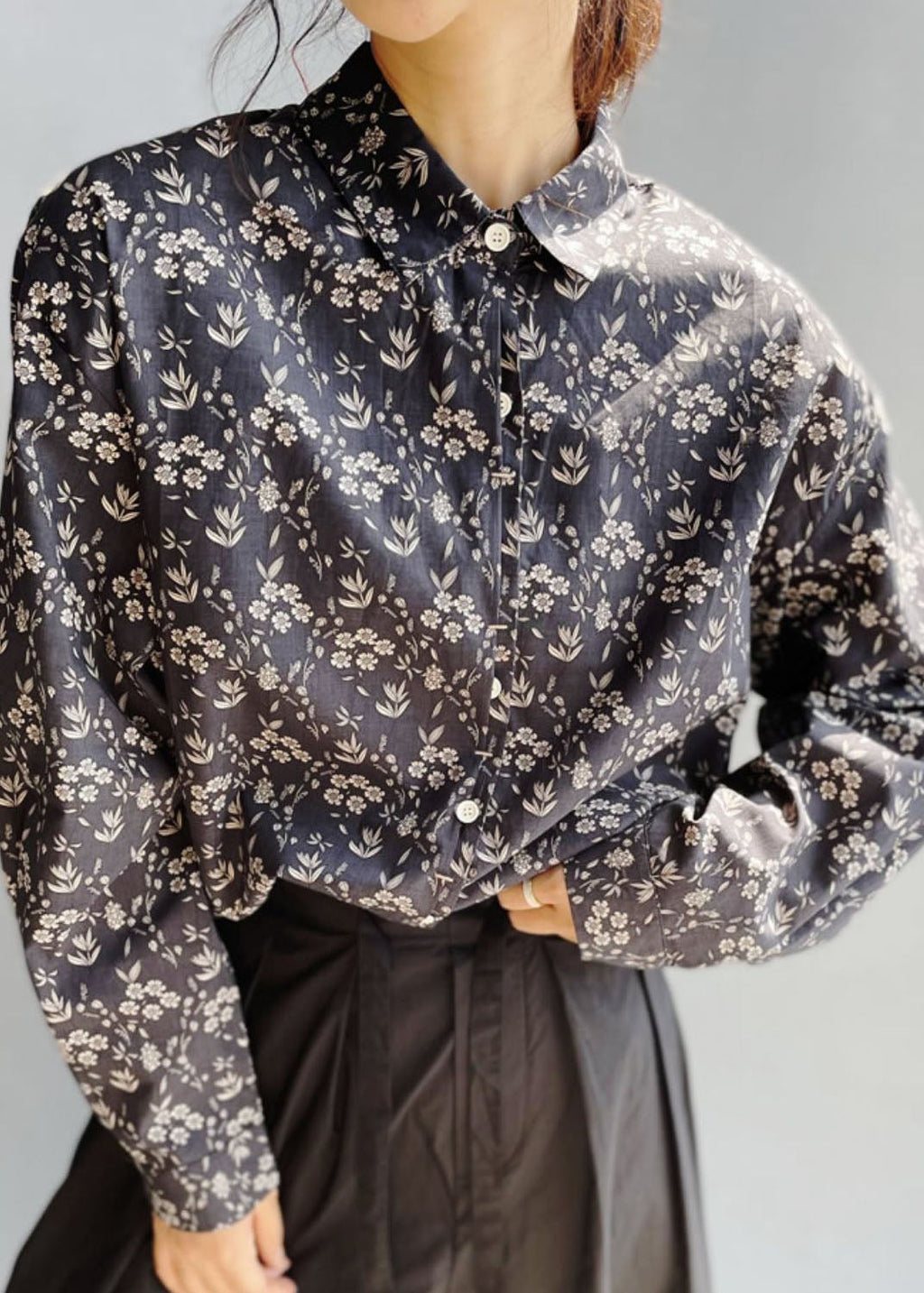 Navy Peter Pan Collar Print Cotton Shirt Top Fall
