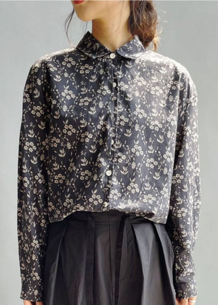 Navy Peter Pan Collar Print Cotton Shirt Top Fall