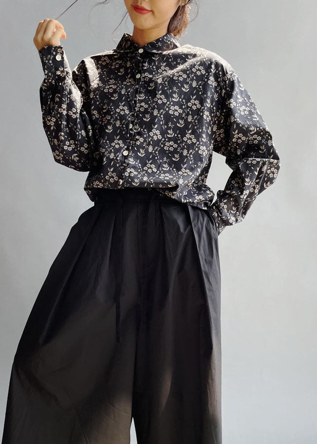 Navy Peter Pan Collar Print Cotton Shirt Top Fall