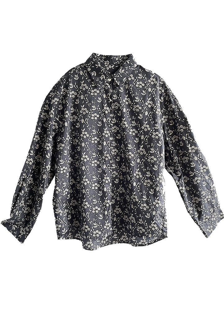 Navy Peter Pan Collar Print Cotton Shirt Top Fall