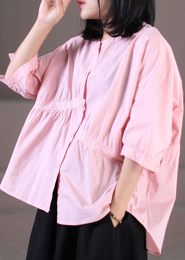 Pink O-neck Asymmetrical Wrinkled Cotton Shirts Half Sleeve