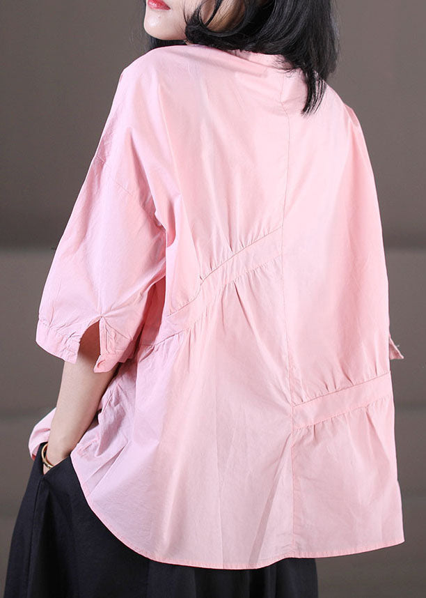 Pink O-neck Asymmetrical Wrinkled Cotton Shirts Half Sleeve