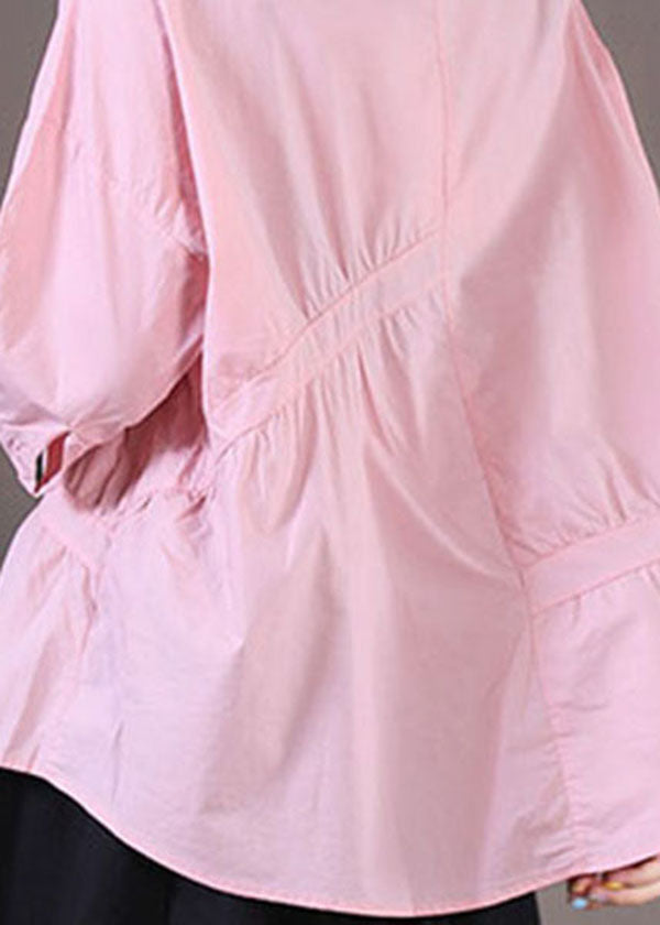 Pink O-neck Asymmetrical Wrinkled Cotton Shirts Half Sleeve