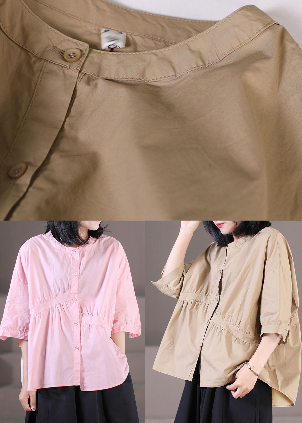 Pink O-neck Asymmetrical Wrinkled Cotton Shirts Half Sleeve