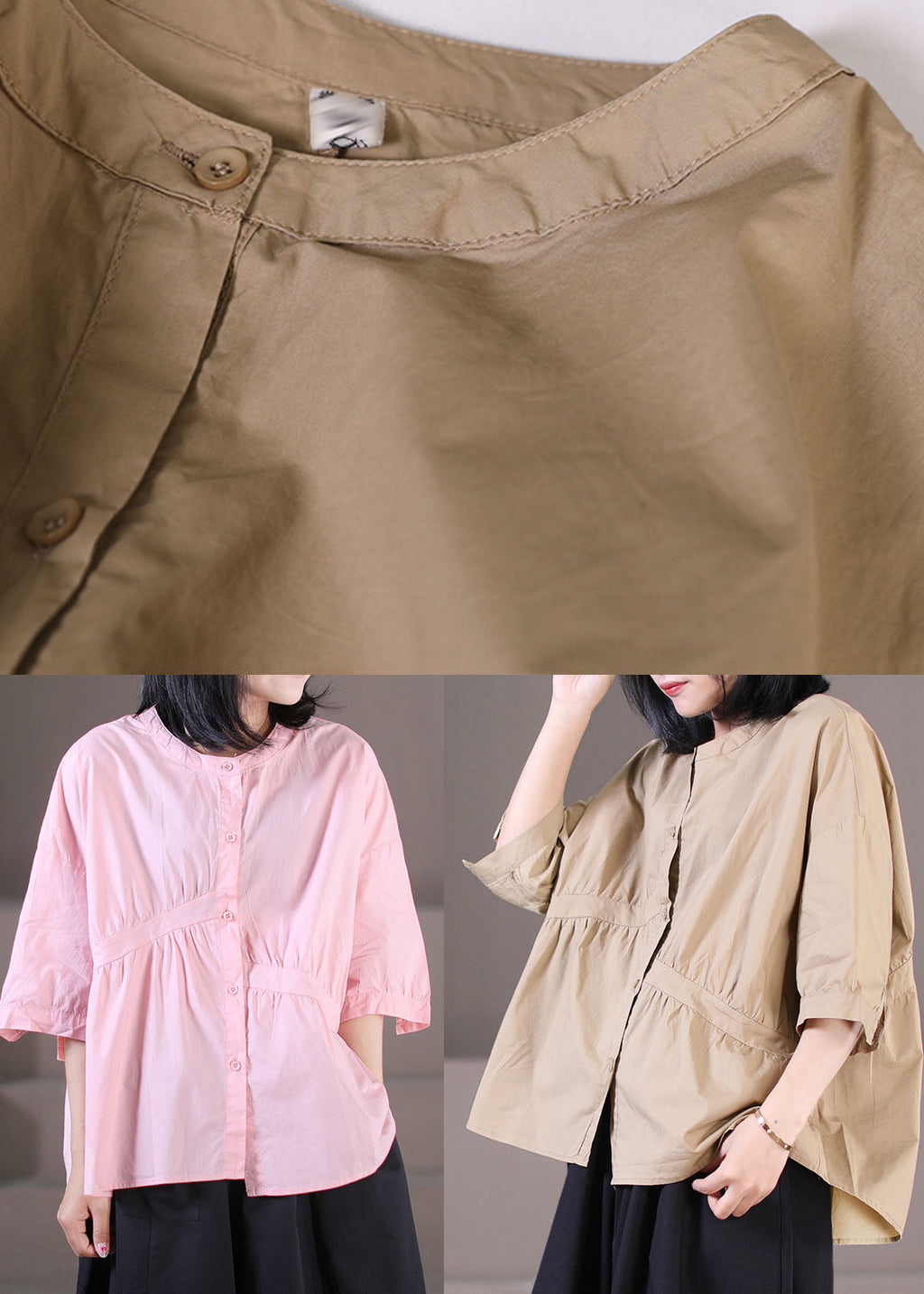 Pink O-neck Asymmetrical Wrinkled Cotton Shirts Half Sleeve