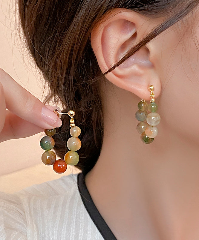 Rainbow Sterling Silver Alloy Gem Stone Beading Hoop Earrings