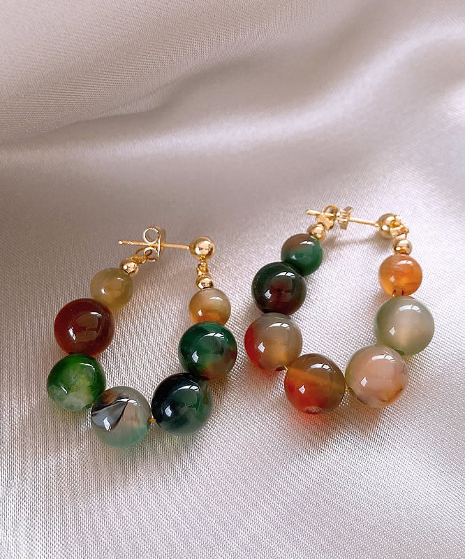 Rainbow Sterling Silver Alloy Gem Stone Beading Hoop Earrings