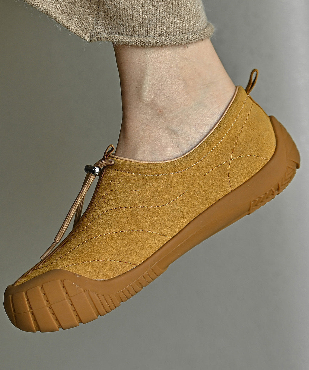 Yellow Suede Drawstring Splicing Flat Shoes
