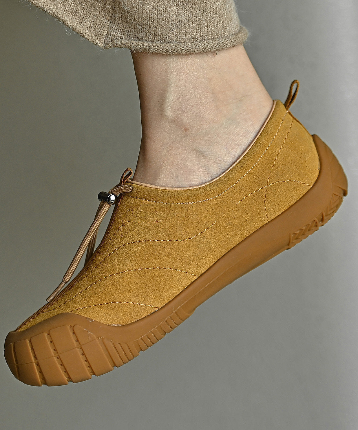 Yellow Suede Drawstring Splicing Flat Shoes