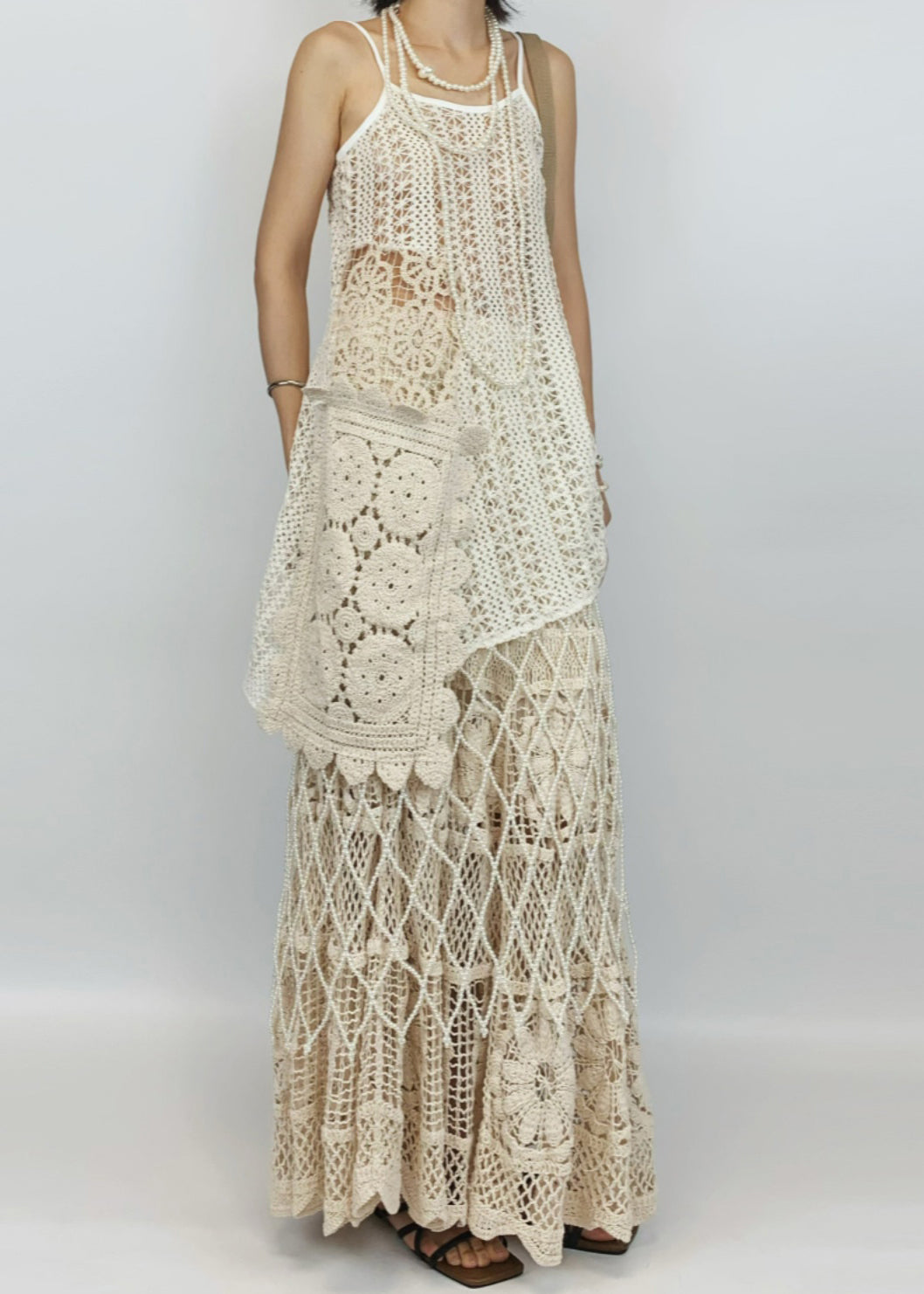 Art Beige Hollow Out Spaghetti Strap Tank and Skirts Knit Two Pieces Set Sleeveless