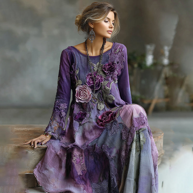 Vintage Bohemian Embroidered Floral Patchwork Linen Maxi Dress artswardrobe