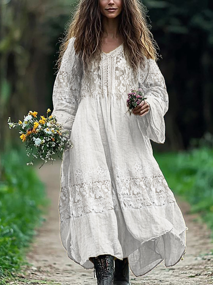 Vintage Floral Hollow Lace Patchwork Flowy Linen Maxi Dress artswardrobe