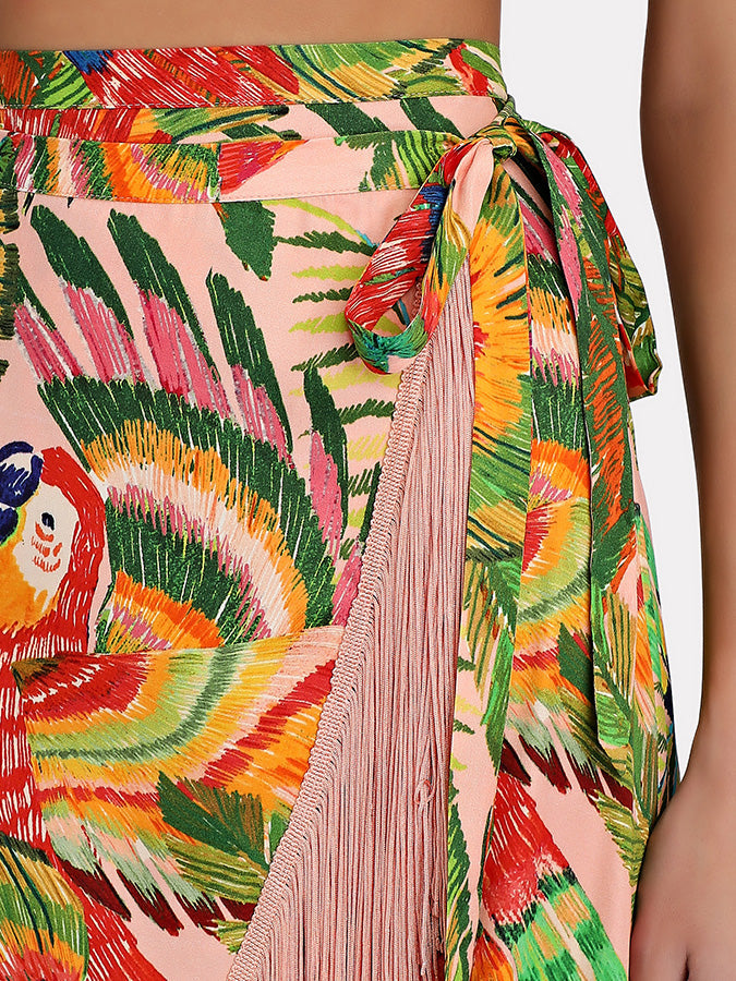 One-shoulder Embroidered Print Bikini and Fringe Skirt