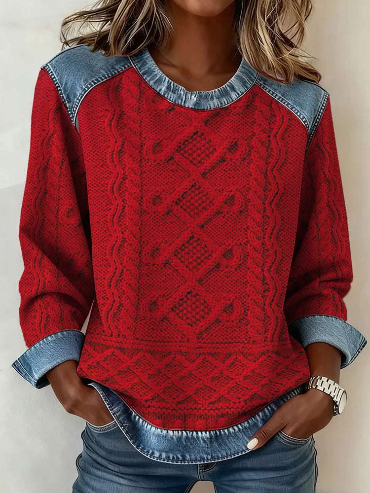 Wool Cardigan with Patchwork Fair Isle and Denim Trim