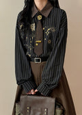 Striped Black Peter Pan Collar Print Button Cotton Blouse Spring