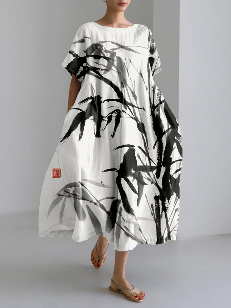 Comstylish Bamboo Ink Painting Art Linen Blend Maxi Dress