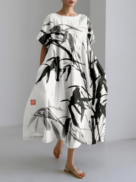 Comstylish Bamboo Ink Painting Art Linen Blend Maxi Dress